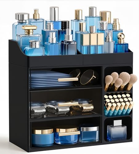HBlife Cologne Organizer for Men Makeup Organizer Countertop with Brush Holder, Large Bathroom Counter Organizer with Drawers, Plastic Dresser Organizer Storage Fathers Day Gift for Dad Husband, Black by HBlife