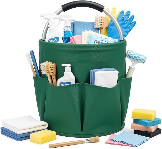 Cleaning Caddy with Handle, 17L Foldable Storage Basket, Heavy Duty 600D Oxford Cloth Organizer, Portable Supply Bag, Multi-Purpose Supplies Caddy for Home, Bathroom, Kitchen, Garden - dark green by Unknown