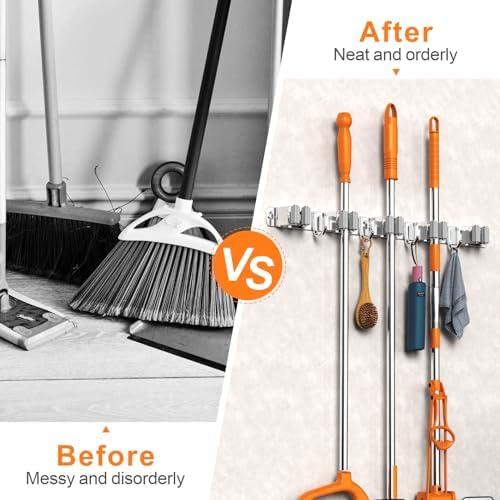 CUXIXA Broom and Mop Organizer Wall Hanging, Upgraded Mop and Broom Holder Wall Mount, Stainless Steel Broom Hanger Wall Mount for Laundry Room Organization and Storage（5 Racks with 4 Hooks） - Image 5