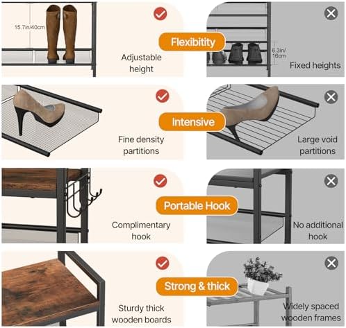 5 Tier Shoe Rack, Shoe Rack for Entryway with Hook, Shoe Organizer with Adjustable Mesh Shelves, Metal Shoe Storage, Closet, Bedroom Living Room Garage - Image 5