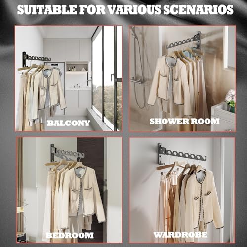 Dr.DJ Wall Mount Coat Hanger Holder Black Clothes Drying Organizer Rack Garment Hooks Aluminium Retractable Folding Indoor Wall Mounted Hanger for Laundry Room Bedroom Black 2Pack with 80cm Rod - Image 4