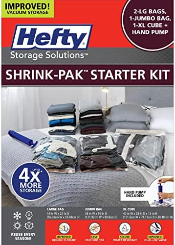 Hefty Shrink-Pak Starter Kit - 2 Large, 1 XL Cube, 1 Jumbo Vacuum Seal Storage Bag and Hand Pump – Space Saver Bags for Clothing, Pillows, Towels, or Blankets, 5 Pc Set by HeftyShrinkPak