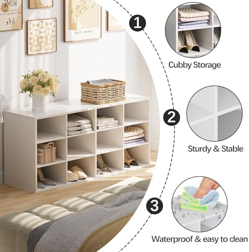 Garden 4 you Shoe Storage Bench, Cubby Shoe Rack with 12 Cubbies, 3-Tier Wood Shoe Rack Organizer, Shoe Organizer Cabinet for Entryway, Hallway, Closet and Garage, White - Image 4