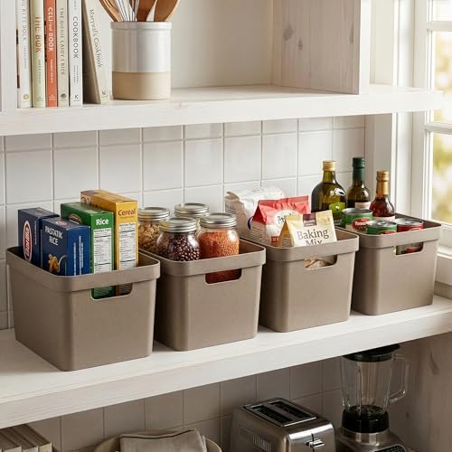 BINO | Plastic Storage Bins, 16 Liter - 2 Pack, Taupe | THE MODERN COLLECTION | Plastic Bins for Organization | Woven Storage Baskets for Organizing | Pantry Shelf Organizer Basket Container Bin - Image 4