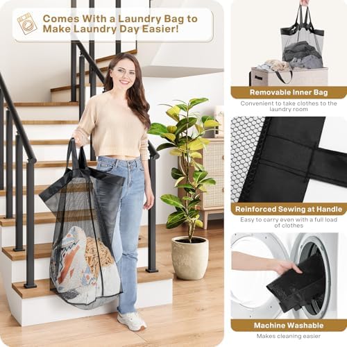 SOLEDI Large Double Laundry Hamper with Lid, Collapsible Clothes Hamper 2 section with Removable Bags, Space-Saving Laundry Basket for Bedroom, Dorm, College - Image 3