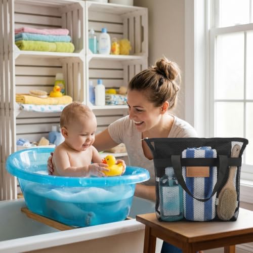 Patelai 12 Pcs Mesh Shower Caddy Portable 12.2 x 10.24 in Large Gym Shower Bag Bulk with Zipper Quick Dry Beach Bag Hanging Toiletry Organizer for Swim Beach Camping Travel College Dorm(Black,Grey) - Image 5
