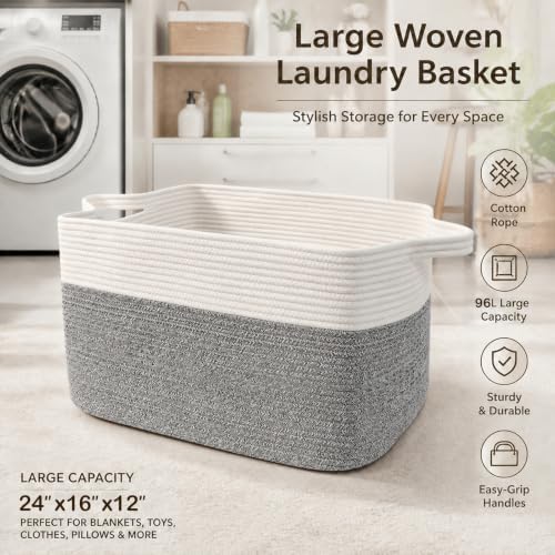 96L Laundry Basket with Handles, Extra Blanket Basket, White/Grey - Image 5