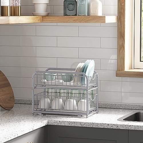 SONGMICS 2-Tier Pull Out Cabinet Organizers, Under Sink Organizer, Bathroom Organizer and Storage, Sliding Basket Drawers, Stackable for Kitchen, Bathroom, Metallic Silver UKCS017E01 - Image 2