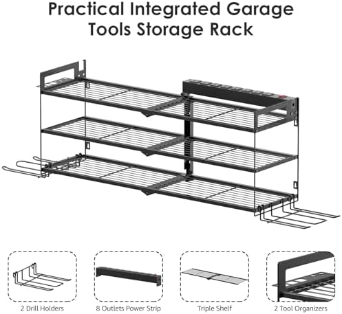 CCCEI Large Garage Tools Storage with Charging Station. Power Tool Battery Organizer Utility Shelf with Power Strip. 4 Drills Holder Wall Mount Rack, Black 3 Layer. - Image 4