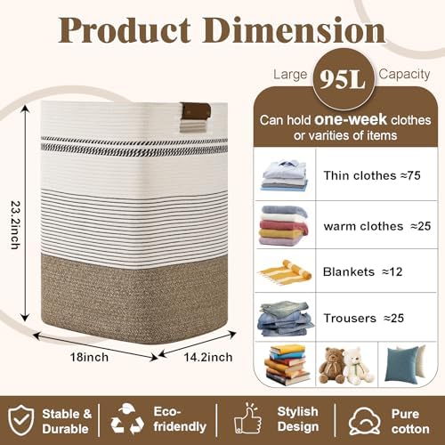 Laundry Hamper, 95L Tall Laundry Basket with Leather Handles, Rectangle Large Clothes Hamper for Organizing, Cotton Woven Laundry Baskets Storage Hampers for Bedroom, Nursery, Living Room - Image 3