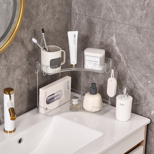 2-Tier Corner Bathroom Organizer Countertop with Hooks, for Makeup/Skincare - Image 3