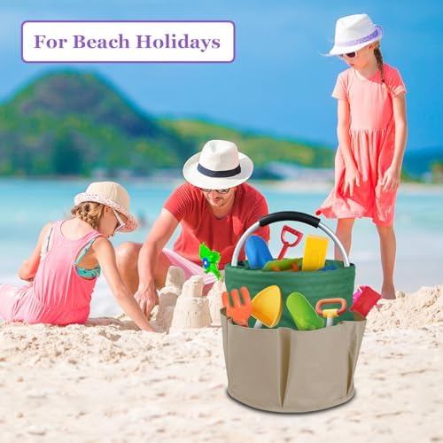 17L Foldable Cleaning Supplies Caddy with Handle, Khaki with Green - Image 4