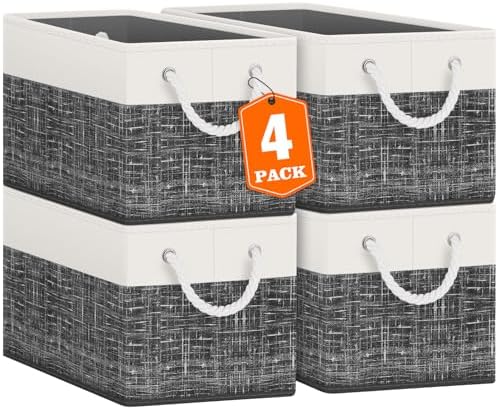 Fab totes Storage Bins 4-Pack, Foldable Storage Baskets for Organizing Toys, Books, Shelves, Closet, Large Storage Box with Rope Handles, Sturdy Organizer Bins, White & Black by Fabtotes