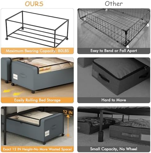 Webetop 12 Inch Under Bed Storage Containers, Rolling Organizer 2 Pack Grey - Image 5