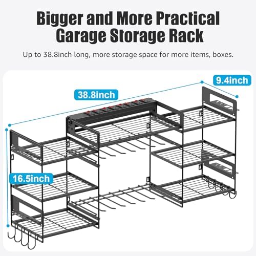 CCCEI Black Power Tool Organizer Wall Mount, Large Tools and Battery Storage Rack Charging Station Individual Switches. Drills Holder, Garage Utility Shelves with 10FT Power Strip. Gift for Men. - Image 5