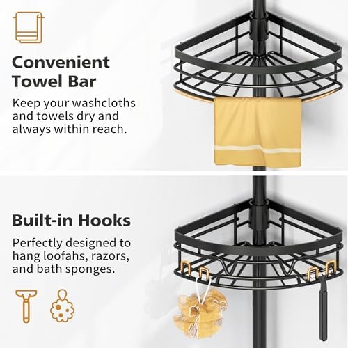 DAOYA Tension Pole Shower Caddy with Towel Bar - Corner Shower Caddy, Black - Image 2