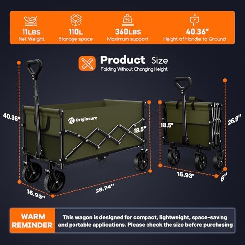 Originsure 110L Portable Collapsible Wagon Cart, 360lbs Heavy Duty, Green - Image 3