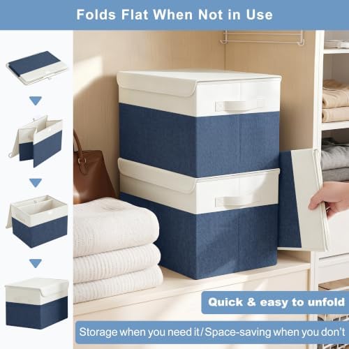 Bagnizer Large 22 Quart Linen Fabric Foldable Storage Bin Cube Organizer Basket with Flip-Top Lid & Handles, Clothes Blanket Box for Home, Office, Closet, Navy Blue & White, 4 Pack 14.6 x 9.5 x 9.5 - Image 7