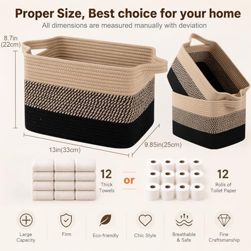OIAHOMY Cotton Rope Storage Baskets for Organizing Black & Brown 3-Pack - Image 5