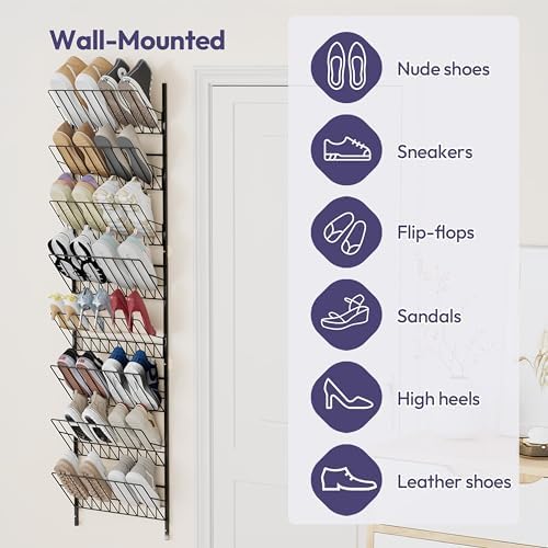 SWTYMIKI Over the Door Shoe Organizer - Adjustable 8 Tier Hanging Shoe Rack Organizer, Metal Heavy Duty Behind Door Storage or Wall Mount Shoes Shelf for Flats, Heels, Sneakers, Boots, Black - Image 4
