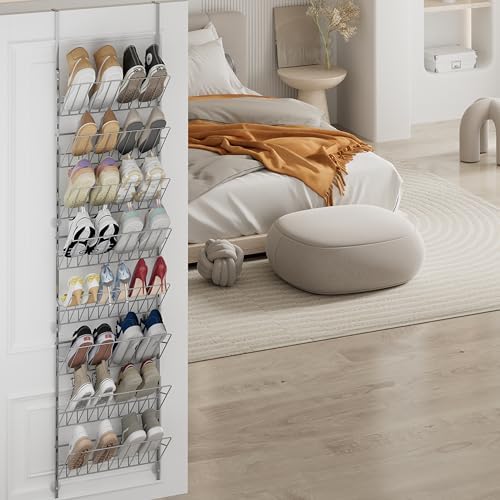 SWTYMIKI Over the Door Shoe Organizer - Adjustable 8 Tier Hanging Shoe Rack Organizer, Metal Heavy Duty Behind Door Storage or Wall Mount Shoes Shelf for Flats, Heels, Sneakers, Boots, Silver - Image 3