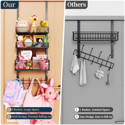 Consumest Over The Door Hooks Organizer - 4 Tier Door Coat Rack with 3 Baskets & 12 Hooks, Stainless Steel Towel Hanger for Bedroom, Bathroom, Living Room, Black - Image 3