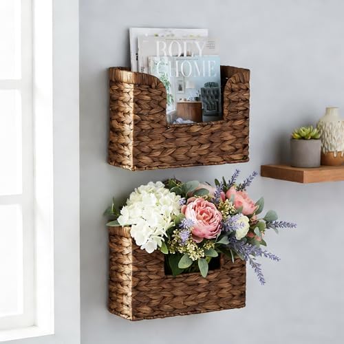 PINXIURY Magazine Holder Wall Basket Water Hyacinth Woven Mail Organizer, Wicker Wall Hanging Baskets for Magazines, Letters & Storage Decorative Mail Holder, Magazine Rack, Hanging Basket, Coffee - Image 3