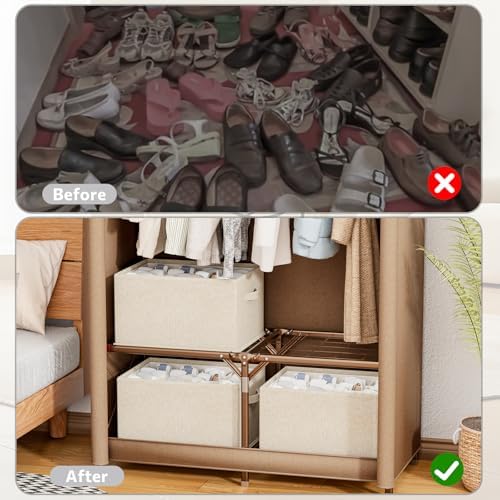 2 Pack Shoe Organizer for Closet, Fits 16-32 Pairs Fabric Shoe Storage Bins Large Shoe Box Storage Containers with Bottom Support for Shoes Space Saving Shoes Holder (Beige, 19.7*15.7*11.8in) - Image 6
