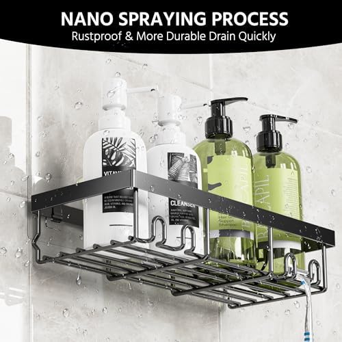Moforoco 3-Pack Shower Caddy Basket Shelf with Soap Holder, No Drilling Traceless Adhesive Shower Wall Shelves, Rustproof Black Bathroom Shower Storage Organizer - Image 6