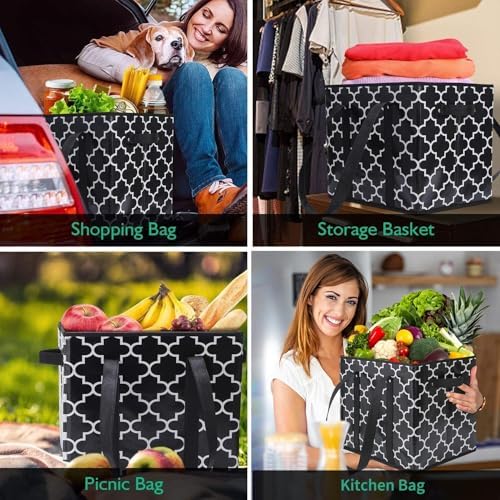 WISELIFE Reusable Grocery Bags 3-Pack Foldable Washable Large Storage Bins Basket Water Resistant Shopping Tote Bag Black - Image 2