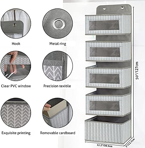 Over the Door Hanging Organizer with 5 Large Pockets - Wall Mount Pantry Storage with Clear PVC Window & 2 Big Metal Hooks for Closet,Bathroom,Nursery,Bedroom,Dorm,Baby Diapers,Kids Toys (Gray) - Image 4