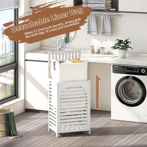 Laundry Hamper with Lid (16.9 * 13 * 26.5inches) Large Bamboo Laundry Bin Basket 85L Clothes Hamper with 1 Removable Bag Storage baskets for Bathroom (White) - Image 7