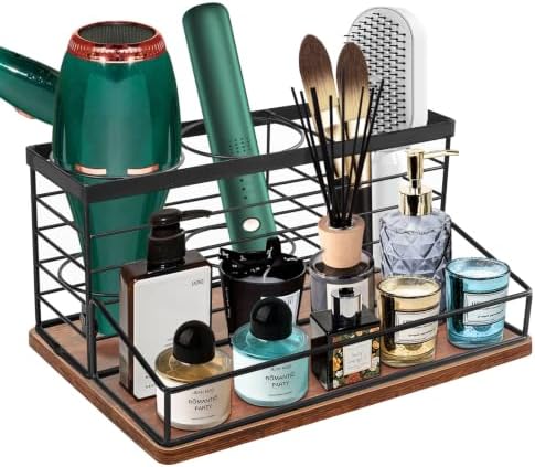 Hair Tool Organizer, Movable Hair Dryer Holder, Hair Styling Tools Storage for Vanity, Bath Counter Organizer, Bathroom Trays for Hair Toiletry, Makeup (12" x 7.7" x 5.8", Wood-Black) by Siyzda