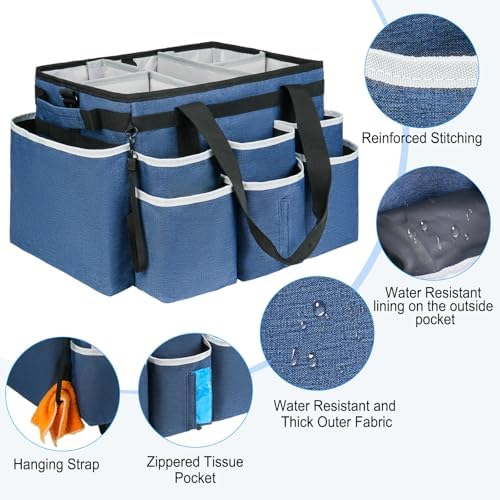 Large Rolling Cleaning Caddy Bag with Detachable Trolley,Cleaning Cart on Wheels with Shoulder Strap,Cleaning Supplies Organizer for Housekeepers,Blue - Image 4
