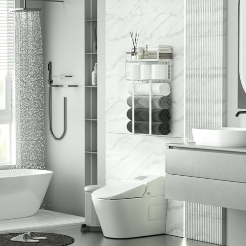 Towel Racks for Bathroom, Bathroom Shelf Over Toilet,Floating Shelves with Towel Rack Paper Holder Storage Basket,Floating Shelves for Wall Decor,White - Image 2