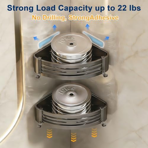 Corner Shower Caddy, Adhesive Shower Corner Organizer Shelves with Hooks,No Drilling Shower Shelves for Bathroom Kitchen 2 Pack - Image 2