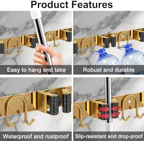 Mop Broom Holder Wall Mount, 2 Packs Gold Stainless Steel Tool Storage Organizer for Kitchen Garden Garage Laundry Room Bathroom and RV with 4 Slots 6 Hooks - Image 4