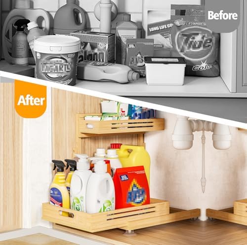 Banlilu Under Sink Organizer, Pull Out Cabinet Organizer, 2 Tier Slide Out Sink Shelf Cabinet Storage Shelves, Storage for Kitchen Bathroom, Natural Premium Bamboo Wood - Image 5