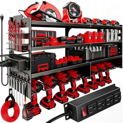 33" W Power Tool Organizer with Charging Station, 4 Layers Heavy Duty Metal Tool Storage Rack Wall Mount 8 Cordless Drill Holder with 4 Power Strip, Battery Organizer for Garage, Workbench,Tool Room by Unknown