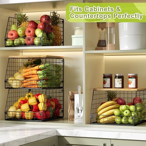 Jakyitvi 4 Pack Stackable Wire Baskets with Fixed Wooden Top, Vegetable Fruit Storage Bins for Onion Potato Snack, Pantry Baskets for Kitchen Cabinet Countertop, Pantry Organizers and Storage Rack - Image 4