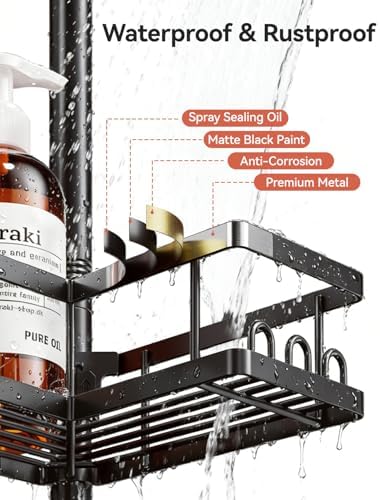 YASONIC Corner Shower Caddy Tension Pole, 25.7-109.1in Adjustable Shower Shelves, Rust-Resistant Shower Organizer, No-Drill 3-Step Installation, Bathroom Shelves for Renters & Family, Black - Image 5