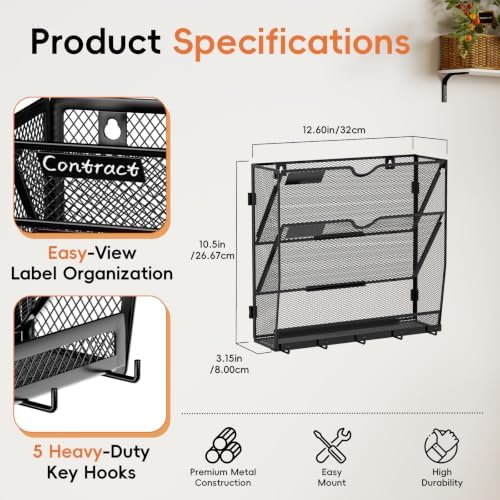 3-Tier Wall File Organizer with Hook, Hanging File Organizer Black - Image 2