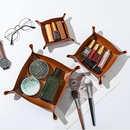 3 packs PU Leather Tray in 3 Sizes Jewelry Tray Glossy Leather Desk Organizer Leather Catchall Tray for Jewelry/Key/Coin/Sun Glasses/Watch/USB Cables etc. (brown) - Image 2