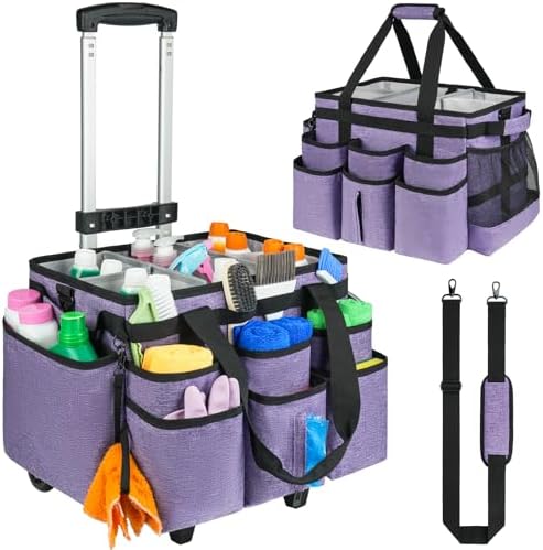 Large Rolling Cleaning Caddy Bag with Detachable Trolley,Cleaning Cart on Wheels with Shoulder Strap,Cleaning Supplies Organizer for Housekeepers,Purple by ZIOZERTT