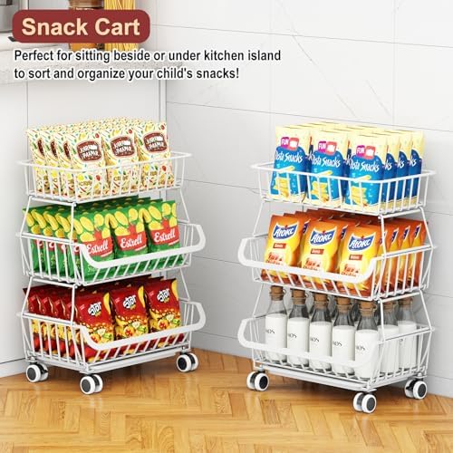 3-Tier Rolling Pantry Cart with Wheels, Stackable Wire Storage Floor Organizer for Kitchen Pantry Snack Shelves, Fruit Basket Stand, Vegetable Storage Rack for Food Snacks Onion Potato, White - Image 5