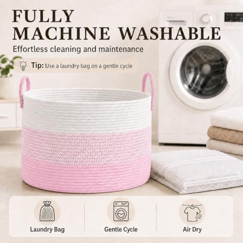 JMvicyroam 65L Extra Large Blanket Basket for Living Room - Woven Cotton Rope Laundry Hamper with Reinforced Handles - Storage Bin for Pillows, Comforters & Toys - Machine Washable,White&Pink Mix - Image 7