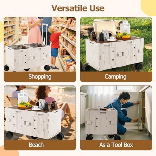 Goplus Large Foldable Utility Cart w/ 2-Tier Storage Crates, 5 Rotate Wheels, Metal Telescoping Handle, Portable Rolling Trolley Collapsible Cart for Grocery Shopping Camping & Travel - Image 3