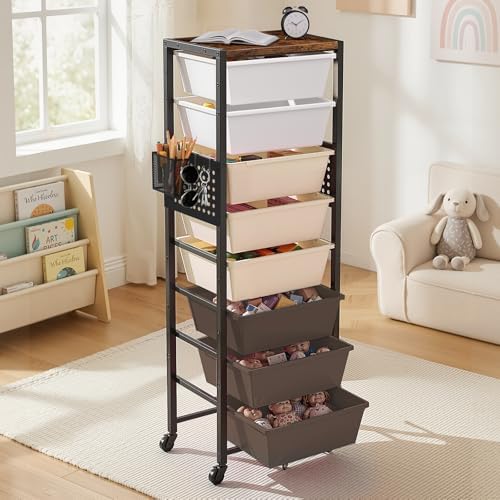 Rolling Cart with Drawers, Rolling Storage Cart with Large Plastic Drawers & Wooden Tabletop, Utility Cart with Pegboards & Basket, Storage Drawers Cart for Living Room, Classroom, Bedroom, Office - Image 3