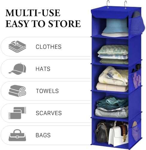 Simple Houseware 5 Shelf Hanging Closet Organizer, Dark Blue | 360° Rotating Dual Hooks, Top Support Metal Frame, 6 Side Mesh Pockets - Image 5