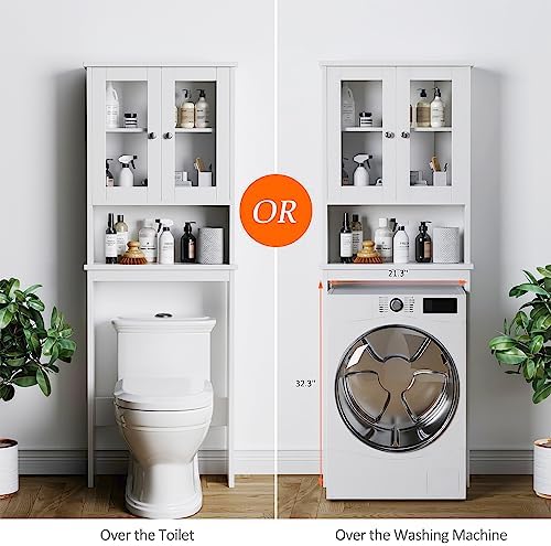 Over The Toilet Storage Cabinet for Bathroom, White Storage Organizer Over Toilet, Space Saver with Tempered Glass Doors, White - Image 4